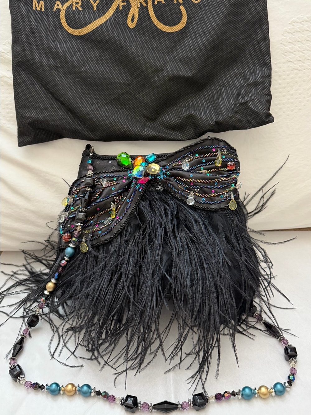 Mary Frances Vintage Black Feather Clutch with Multicolor Beaded Bow